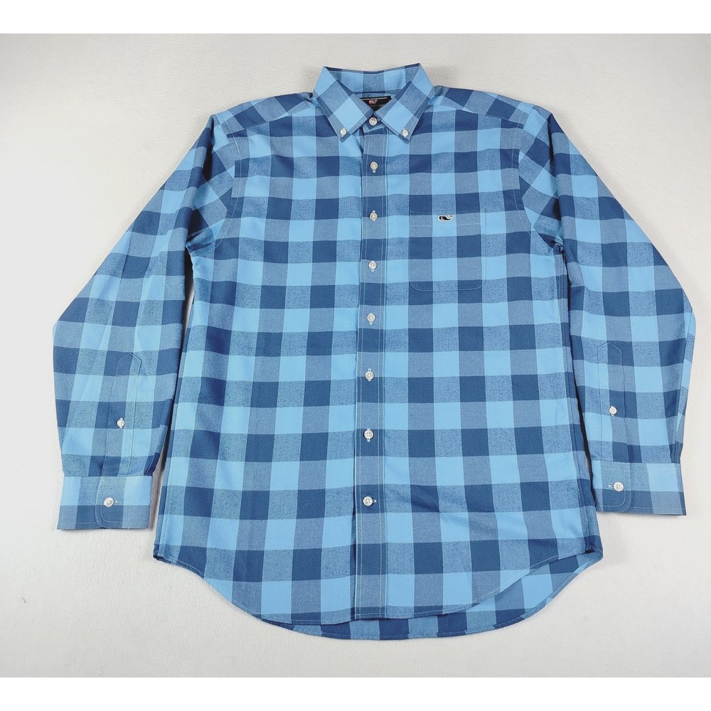 Vineyard Vines Shirt Men's Medium Blue Plaid Classic Fit Tucker Performance